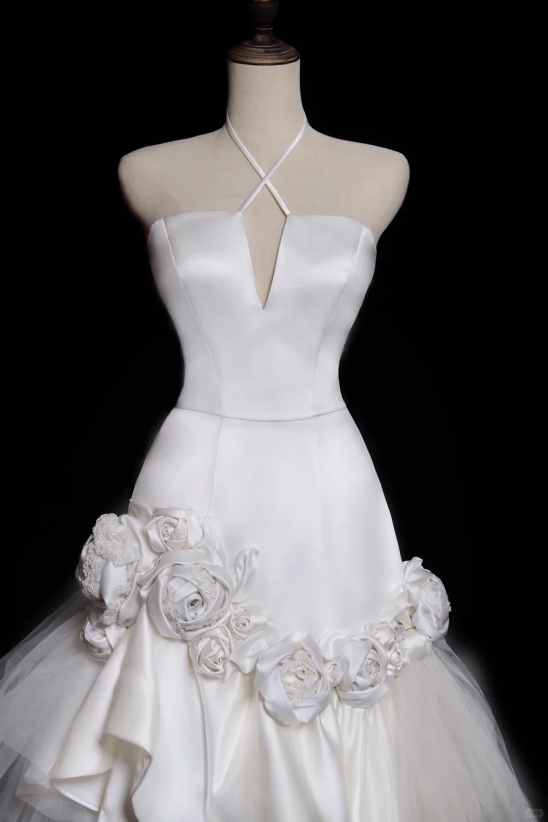 Gentle Mermaid Halter White Floral Satin Tulle Long Wedding Dress HZ1023