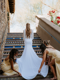 Backless A Line Round Neck Light Yellow Satin Long Bridesmaid Dress Evening Dress with Slit HZ1023