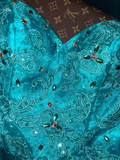 Vintage A Line Sweetheart Neck Blue Ruffle Beaded Organza Prom Dress Party Dress HZ1023