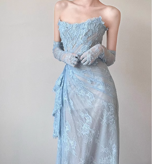 Blue Mermaid Strapless Pleated Blue Lace Long Party Dress Evening Dress HZ1023