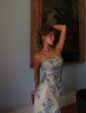Retro Blue Print Floral Strapless Satin Long Outfit Party Dress 18 Birthday Dress HZ1023