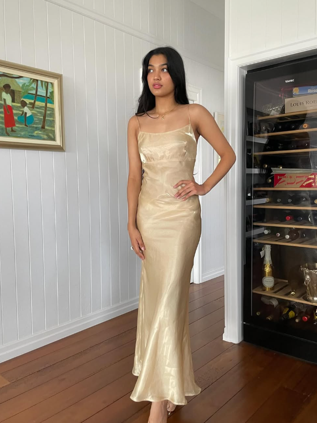 Simple Sheath Spaghetti Strap Satin Open Back Evening Dress Party Dress HZ1023