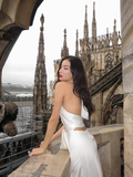 White A Line Halter Satin Open Back Long Wedding Guest Dress Party Dress with Slit HZ1023