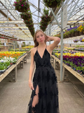 Black Deep V Neck Long Prom Dress HZ1023