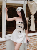 New A Line Strapless Lace Satin Short Homecoming Dress Cocktail Dress Black Bow HZ1023