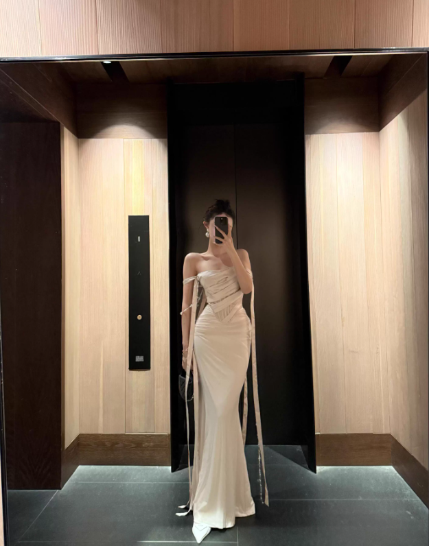 Apricot Gentle Mermaid Off the Shoulder Satin Prom Dress Evening Dress HZ1023