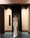 Apricot Gentle Mermaid Off the Shoulder Satin Prom Dress Evening Dress HZ1023