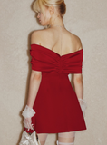 Princess Burgundy A Line Off the Shoulder Satin Short Outfit Party Dress Homecoming Dress Birthday Dress HZ1023