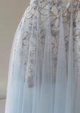 Stunning A Line Spaghetti Strap Floral Blue Tulle Prom Dress Wedding Guest Dress HZ1023