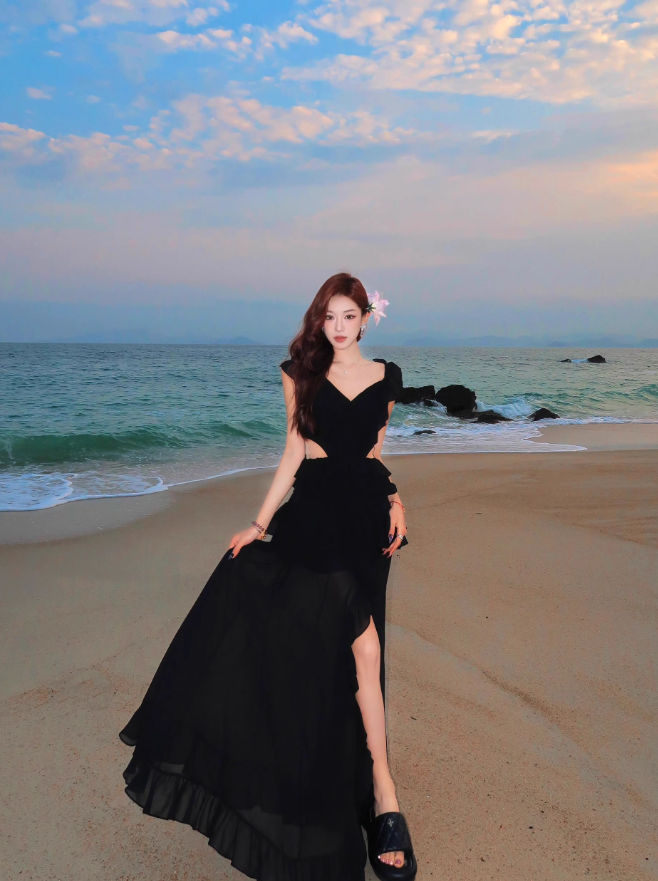 Black A Line V Neck Ruffle Chiffon Long Prom Dress Vacation Dress HZ1023