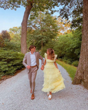A-Line Square Yellow Tiered Long Prom Dress Princess Tulle Formal Evening Dress HZ1023