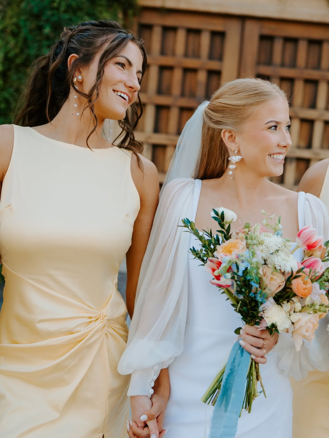 Backless A Line Round Neck Light Yellow Satin Long Bridesmaid Dress Evening Dress with Slit HZ1023