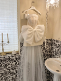 White Bow A Line Strapless Beaded Lace Satin Short Homecoming Dress Birthday Dress HZ1023