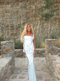 Baby Blue Mermaid Ruffle Straps Satin Long Prom Dress Vacation Dress Party Dress HZ1023