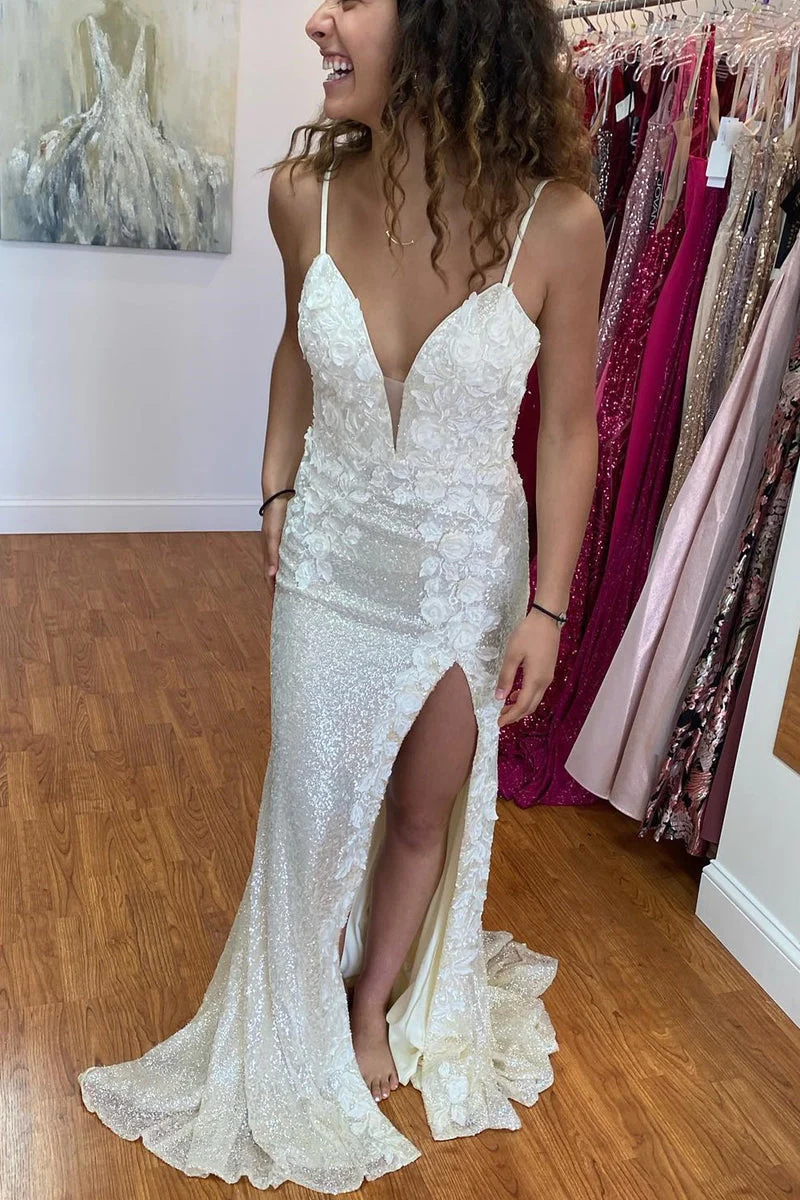 Mermaid Slit Prom Dress With Floral Appliques,Light Blue Sequin Evening Dress HZ1023
