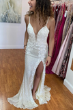 Mermaid Slit Prom Dress With Floral Appliques,Light Blue Sequin Evening Dress HZ1023