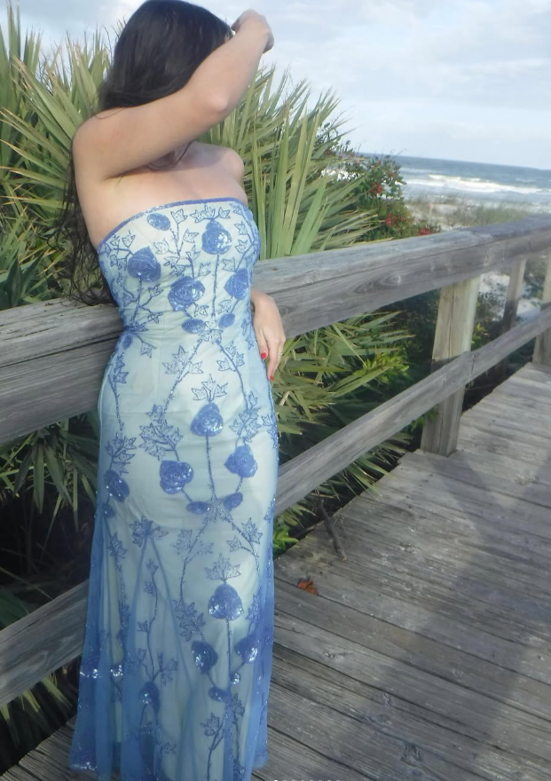 Vintage Sheath Strapless Beaded Appliques Blue Chiffon Satin Prom Dress Evening Dress HZ1023