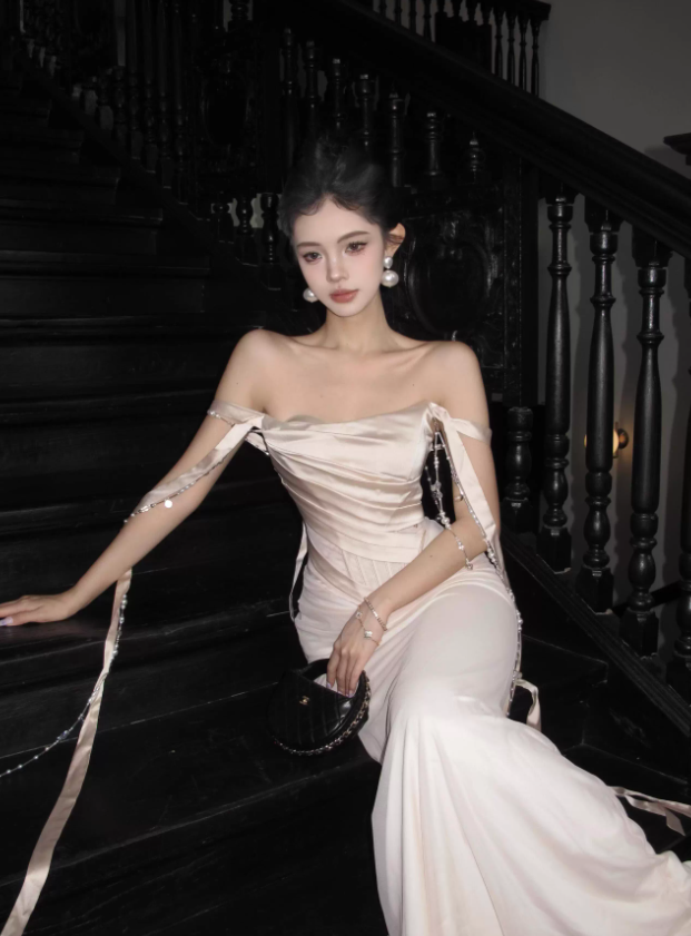 Apricot Gentle Mermaid Off the Shoulder Satin Prom Dress Evening Dress HZ1023