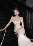 Apricot Gentle Mermaid Off the Shoulder Satin Prom Dress Evening Dress HZ1023