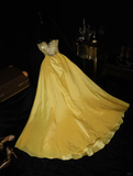 Yellow A Line Spaghetti Strap Beaded Sequin Satin Long Prom Dress Evening Dress HZ1023