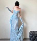 Blue Mermaid Strapless Pleated Blue Lace Long Party Dress Evening Dress HZ1023