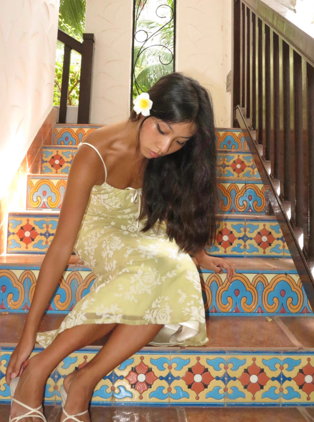 Cute Yellow A Line Spaghetti Strap Print Floral Satin Prom Dress Wedding Guest Dress HZ1023