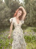 Vintage Mermaid V Neck Blue Print Floral Ruffle Chiffon Short Vacation Dress Outfits HZ1023