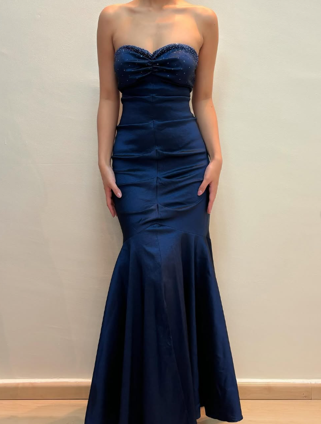 Vintage Mermaid Sweetheart Neck Beaded Navy Blue Satin Prom Dress Evening Dress HZ1023