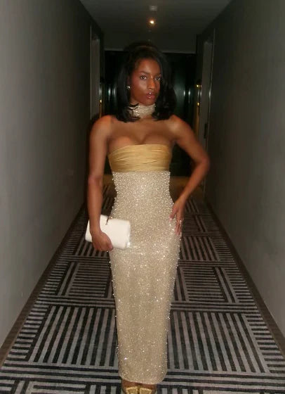 Shiny Sheath Strapless Long Yellow Sequin Satin Party Dresses Prom Dresses HZ1023