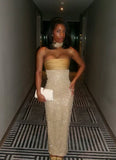 Shiny Sheath Strapless Long Yellow Sequin Satin Party Dresses Prom Dresses HZ1023
