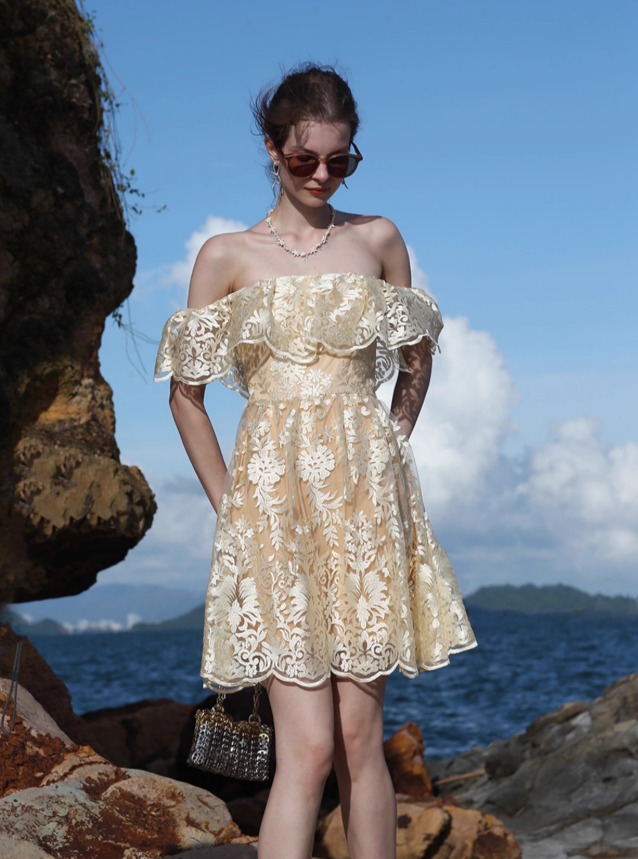 Golden A Line Off the Shoulder Lace Short Homecoming Dress Vacation Dress Outfits HZ1023