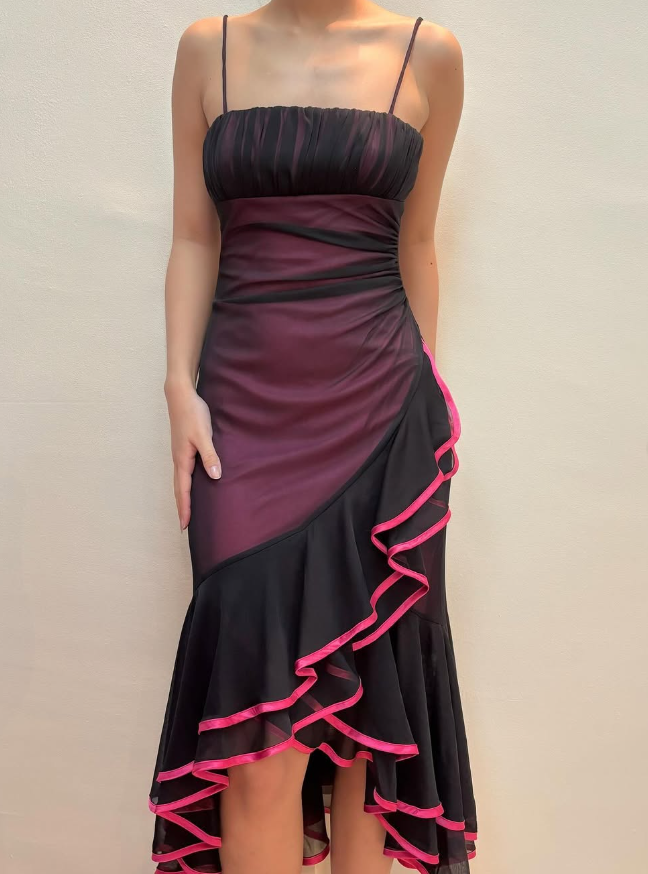 Vintage Mermaid Spaghetti Strap Ruffle Chiffon Prom Dress Evening Dress HZ1023