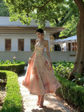 Gentle Pink A Line Spaghetti Strap Print Floral Satin Prom Dress Party Dresses HZ1023