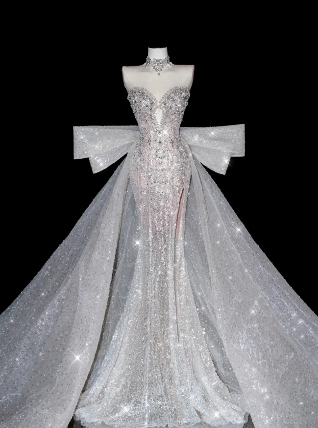 Stunning Mermaid Strapless Rhinestone Sequin Tulle Long Prom Dress Party Dress with Slit HZ1023