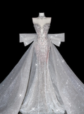 Stunning Mermaid Strapless Rhinestone Sequin Tulle Long Prom Dress Party Dress with Slit HZ1023