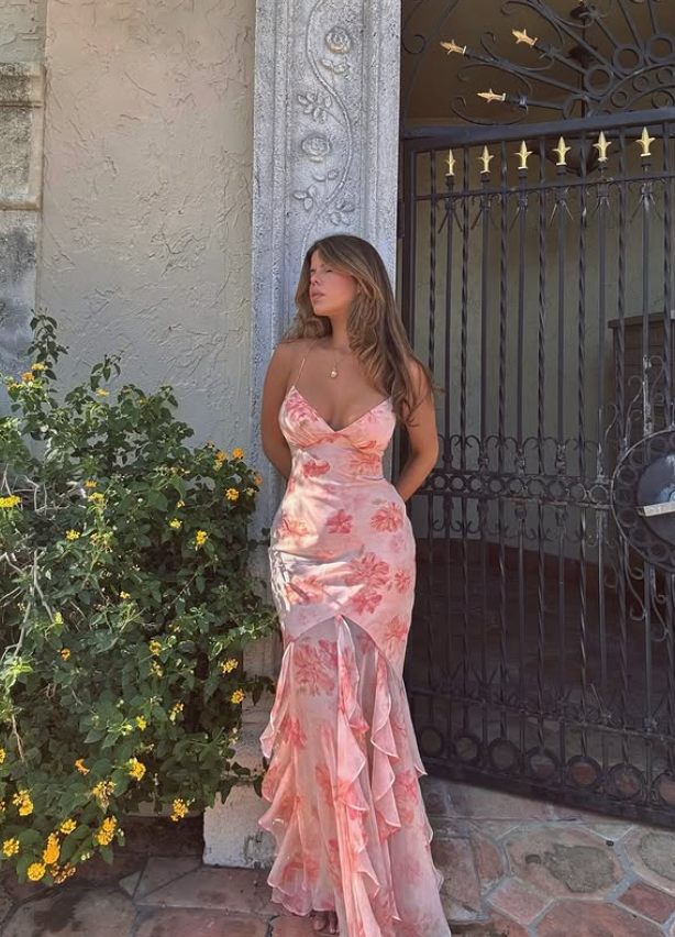 Sexy Pink Mermaid Spaghetti Strap Print Floral Chiffon Prom Dress Party Dress HZ1023