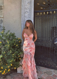 Sexy Pink Mermaid Spaghetti Strap Print Floral Chiffon Prom Dress Party Dress HZ1023