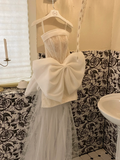 White Bow A Line Strapless Beaded Lace Satin Short Homecoming Dress Birthday Dress HZ1023