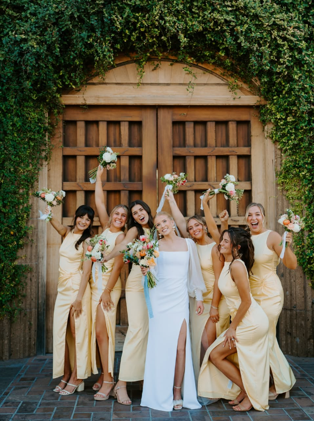 Backless A Line Round Neck Light Yellow Satin Long Bridesmaid Dress Evening Dress with Slit HZ1023