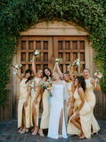 Backless A Line Round Neck Light Yellow Satin Long Bridesmaid Dress Evening Dress with Slit HZ1023