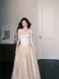 A Line Sweetheart Neck Champagne Satin Sequin Prom Dress Party Dresses HZ1023