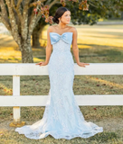 Blue Mermaid Strapless Lace Tulle Date Dress Prom Dress with Bow HZ1023