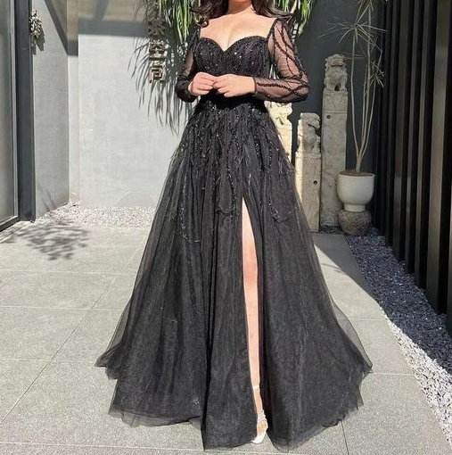 Blue Long Sleeves Slit Prom Dress Long Party Dress Evening Dress HZ1023