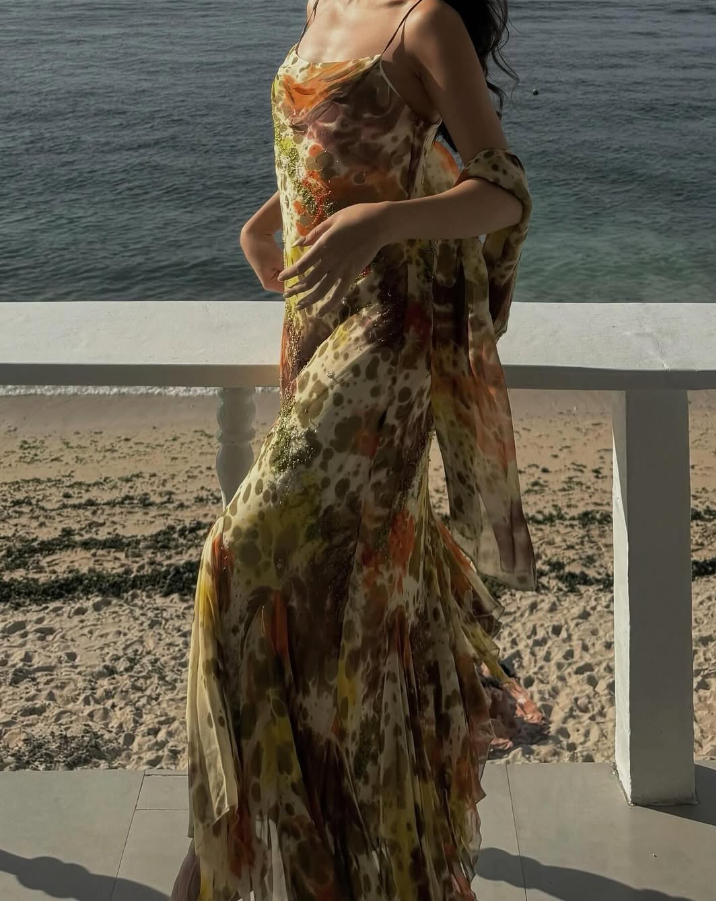 Vintage Mermaid Spaghetti Strap Beaded Ruffle Chiffon Long Prom Dress Evening Dress HZ1023