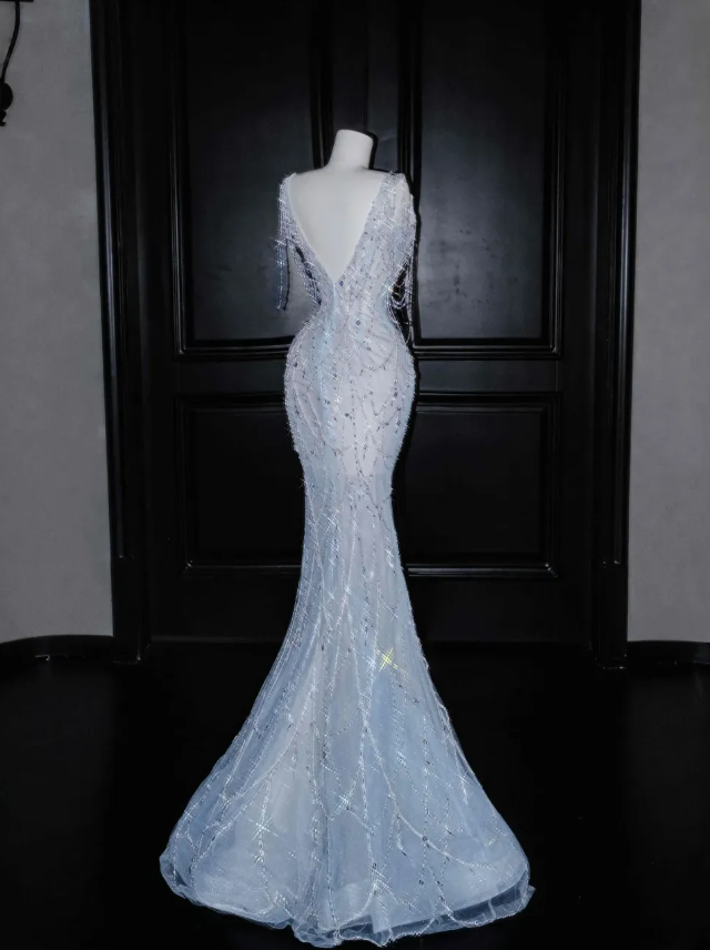 Blue Mermaid V Neck Rhinestone Tulle Long Prom Dress Party Dress HZ1023