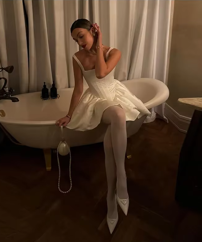 Cute A Line Straps Corset Ivory Satin Short Homecoming Dress Birthday Dress HZ1023