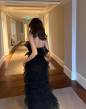Black Mermaid Strapless Layered Tulle Long Prom Dress Evening Dress HZ1023