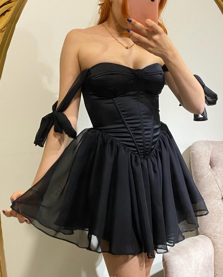 Cute A Line Off the Shoulder Black Satin Chiffon Short Homecoming Dress Evening Dress HZ1023