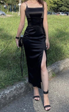 Black Sheath Spaghetti Straps Slit Prom Dress HZ1023