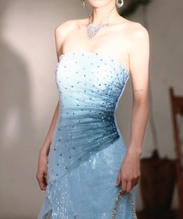 Blue Classy A Line Strapless Sequin Tulle Long Evening Dress Gown Dress HZ1023